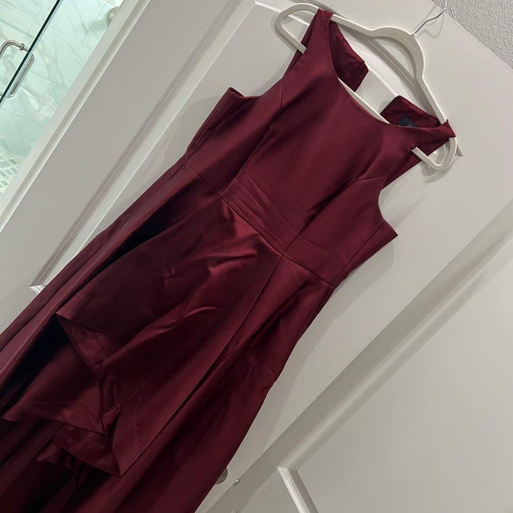 Adrianna Papell Burgundy high low dress.